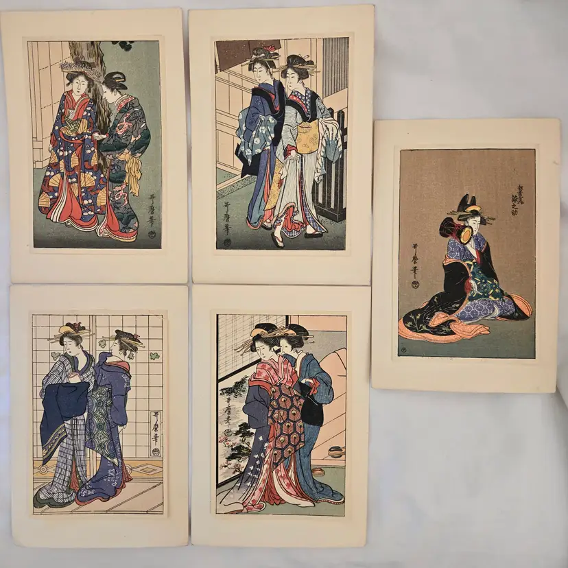 Japanese Woodblock Prints Ukiyoe Ephemera set of 5 Spot Mounted on 6⅞"×4½" paper