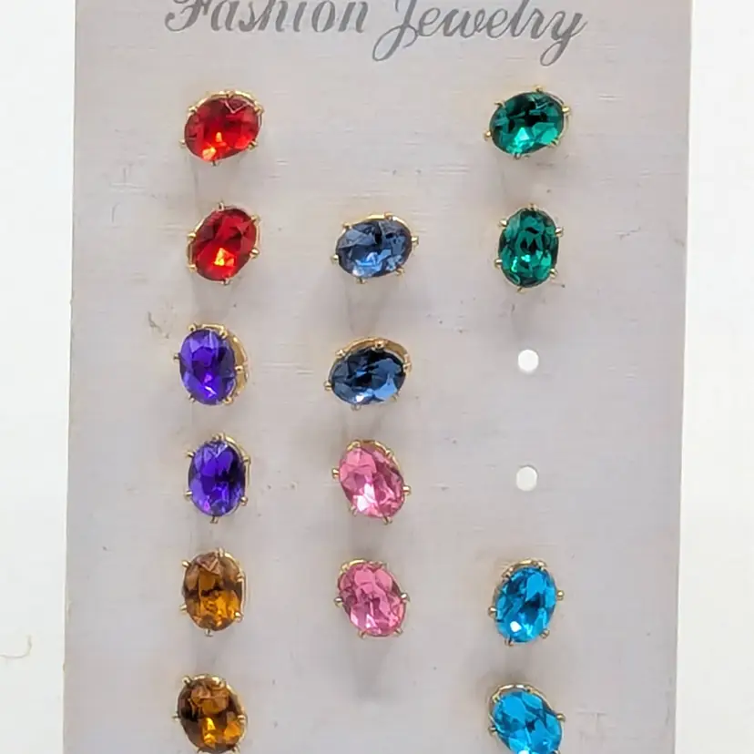Set of 7 Color Crystal Pierced Stud Earrings NOS