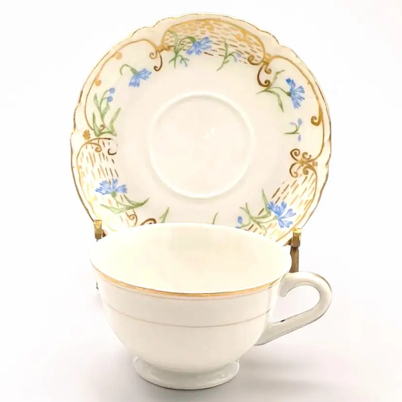 1898 Haviland & Co. Limoges France Blue Flower Scalloped Gold Teacup & Saucer