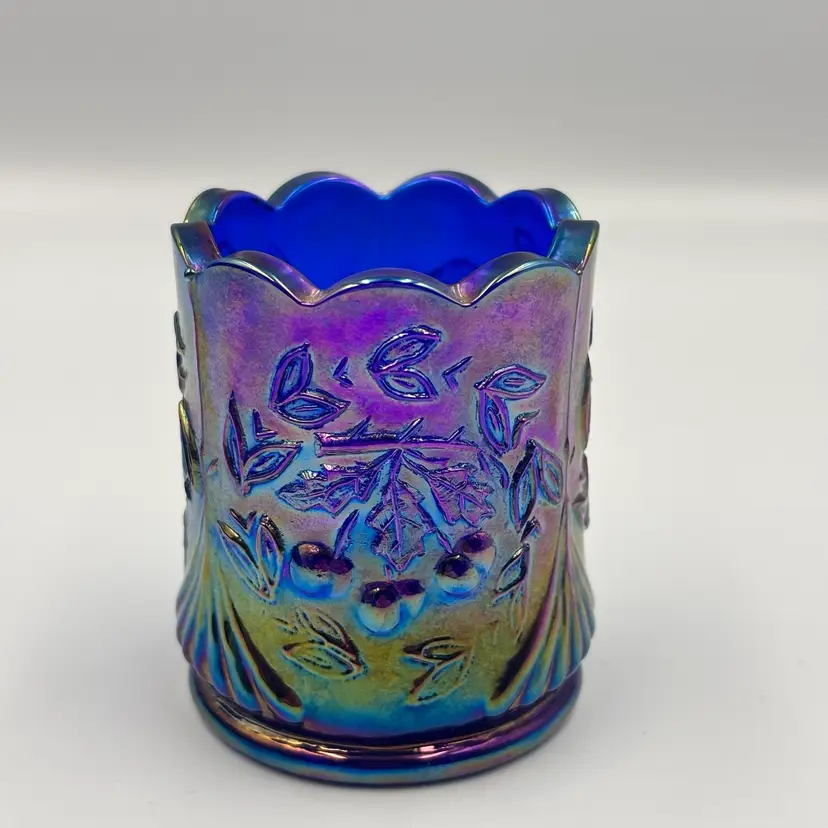 Wreathed Cherry Cobalt Blue Carnival Glass Toothpick Holder 2”