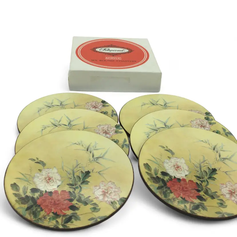 Pimpernel Acrylic Round Coasters Set of 6 Chinese Rose 1983 Vintage w/Box Unused