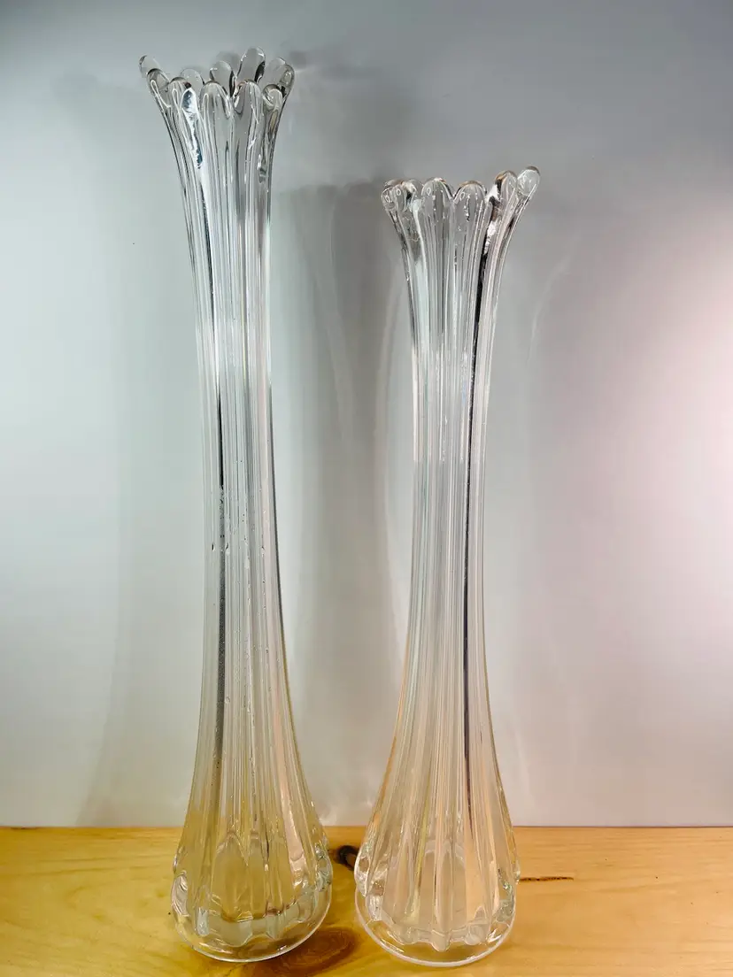 Pair Of Vintage, Clear Glass, Swung Vases