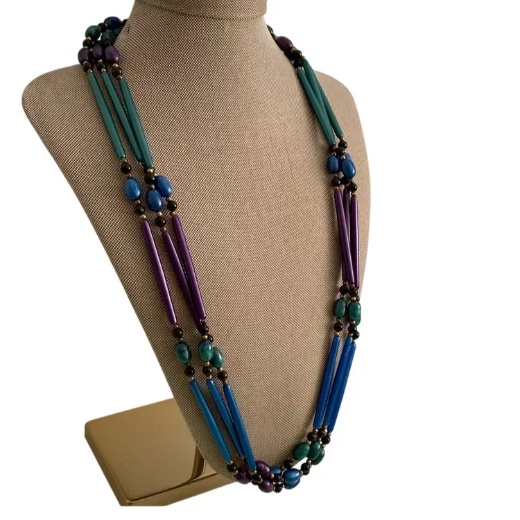 Vintage 3 Strand Peacock Jewel Colors Beaded Necklace
