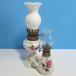 set of 2 vintage mini oil lamps floral design