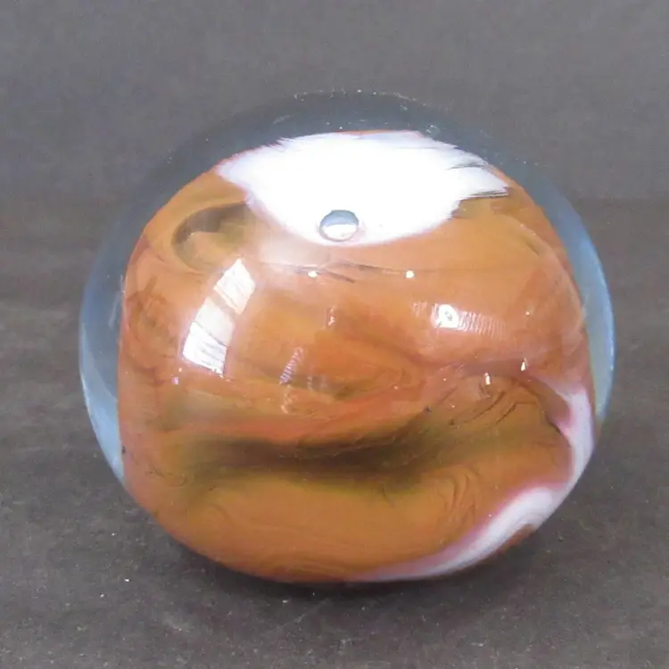 George Williams Brown and White Swirl Hand Blown Art Glass Paperweight - Stamped GW
