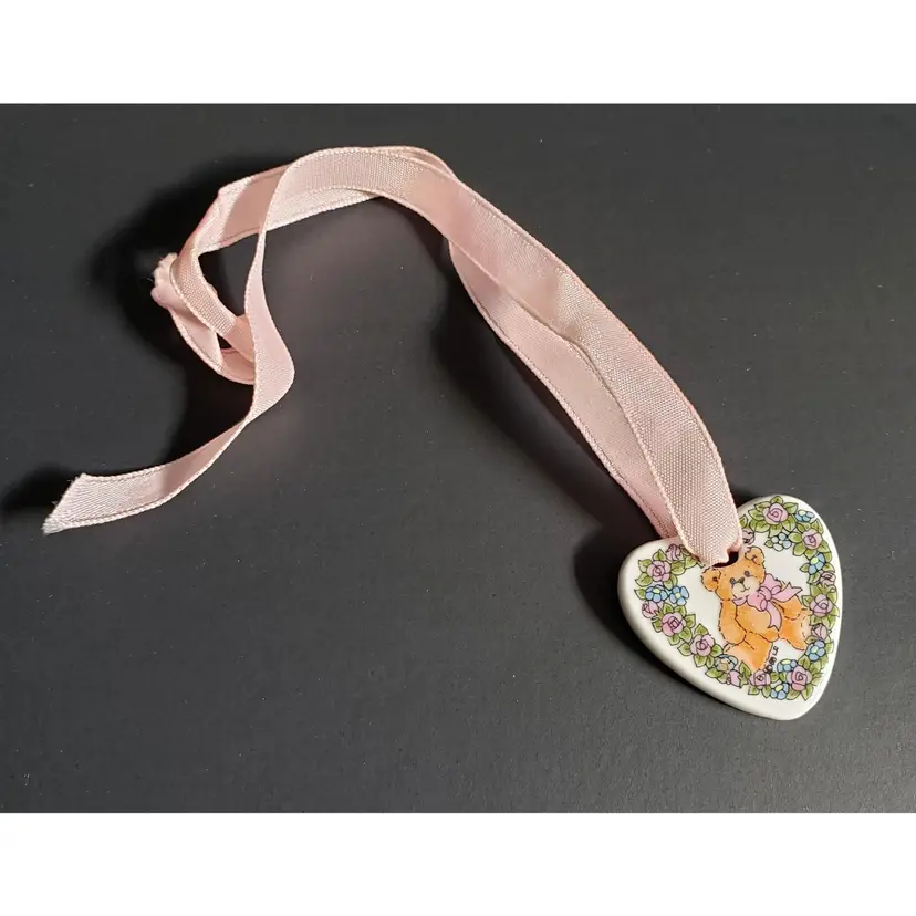 1989 Enesco Lucy Rigg Ceramic Heart Teddy Bear Pendant