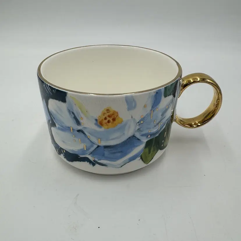 Anthropologie Magnolia Flower with Gold Trim Ceramic Coffee Mug Floral