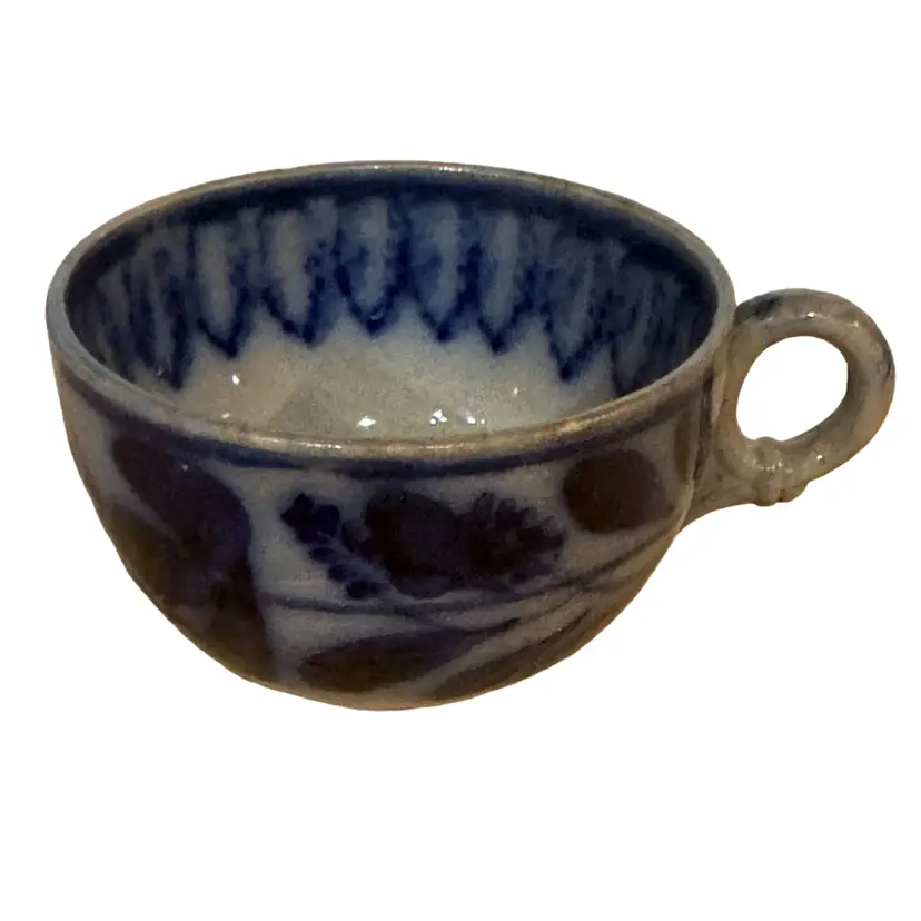 Antique c. 1850 Flow Blue Brush Strokes Spinach Tea Cup