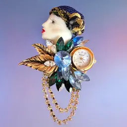 Bonetto Art Deco Style Lady Rhinestone Gold-tone Watch Brooch