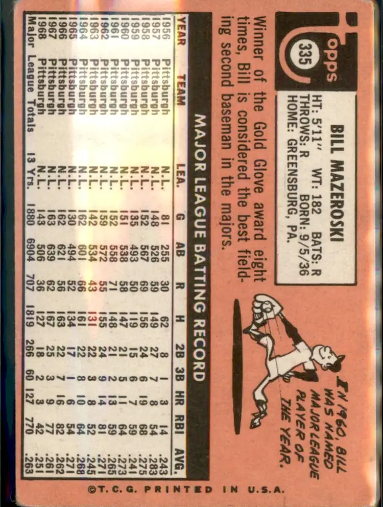 1969 Topps #335 Bill Mazeroski - (pk3) - Pittsburgh Pirates