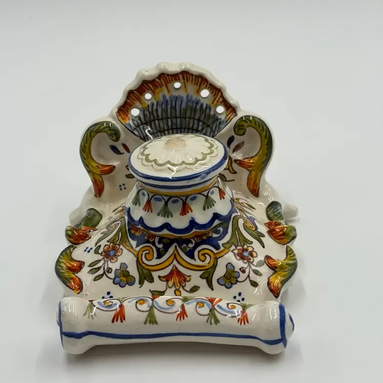 Antique Imperial France Faience Pottery Hand Painted Inkwell And Stand AS IS