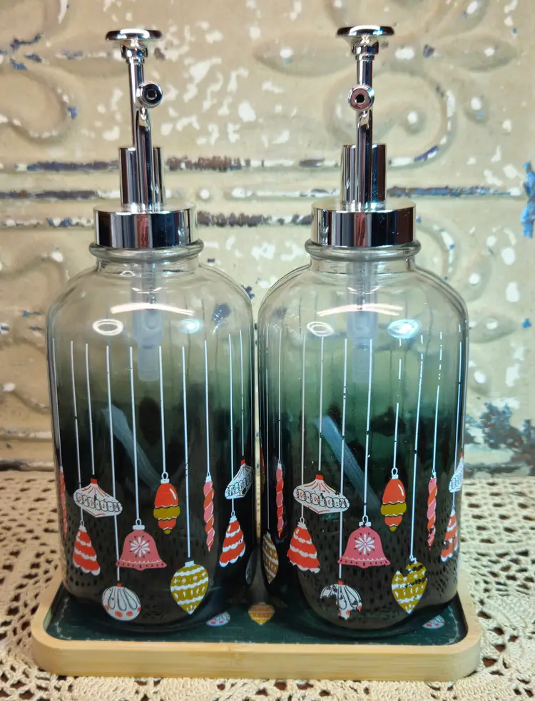 New Pair of Heavy Glass Liquid Soap or Lotion Dispensers w/ Tray Christmas Theme