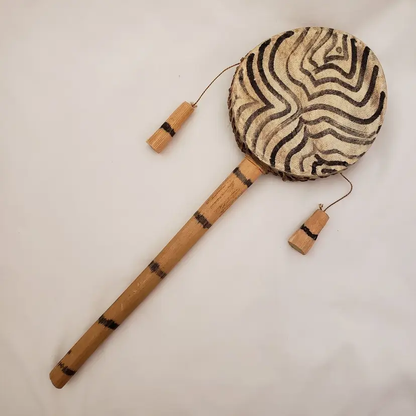 Leather Hide Wood Handle Tribal Spin Drum Instrument Hand Made 13" Vintage READ