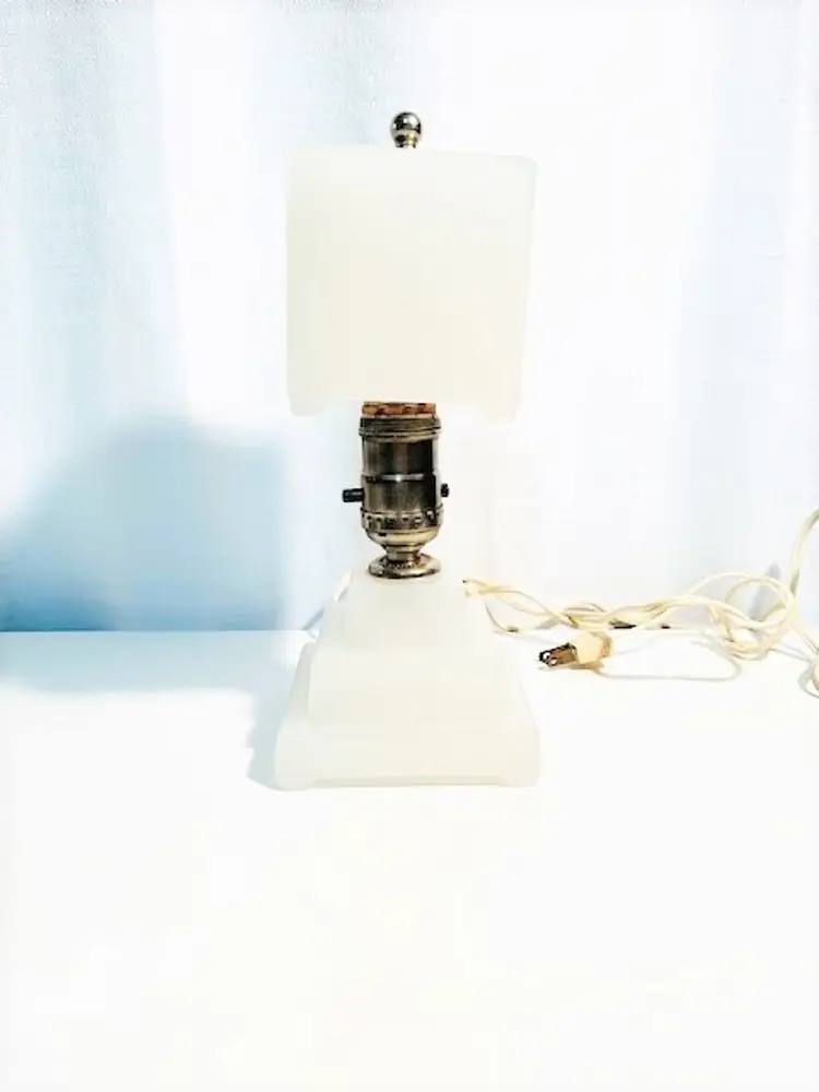 Art Deco Glass Boudoir Lamp White Opaque Glass | Vintage MCM Art Decor 1920s Glass Table Lamp Vanity Lamp Art Nouveau Design