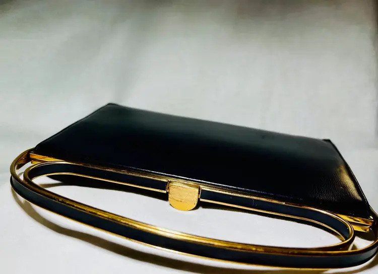 Vintage Navy Blue Leather Clutch Purse With Gold Tone Metal And Navy Enamel Handle By Block