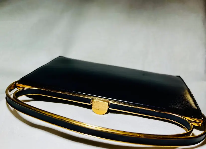 Vintage Navy Blue Leather Clutch Purse With Gold Tone Metal And Navy Enamel Handle By Block