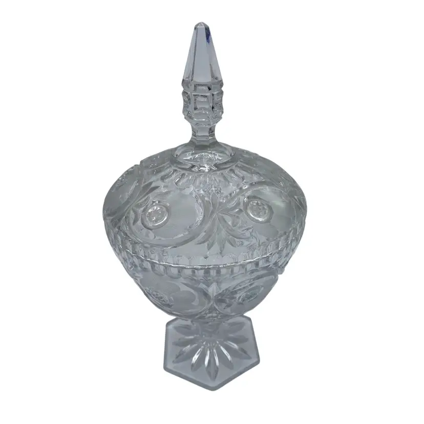 Vintage Cut Crystal Pedestal Candy Dish/Compote w/Lid, 12.75", Flowers & Ferns