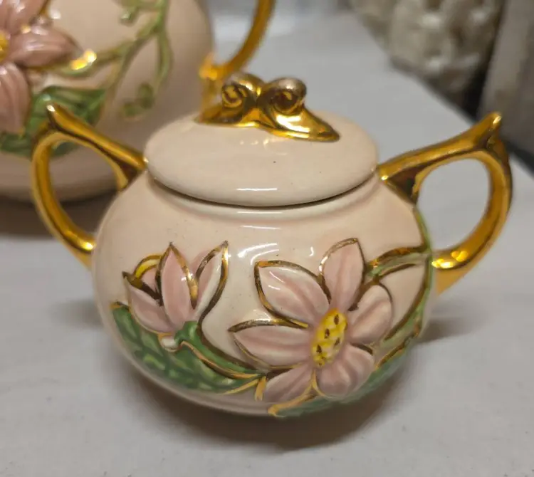 Vintage Hull Art Pottery Pink Flowers and Gold Trim Teapot And Sugar Bowl USA