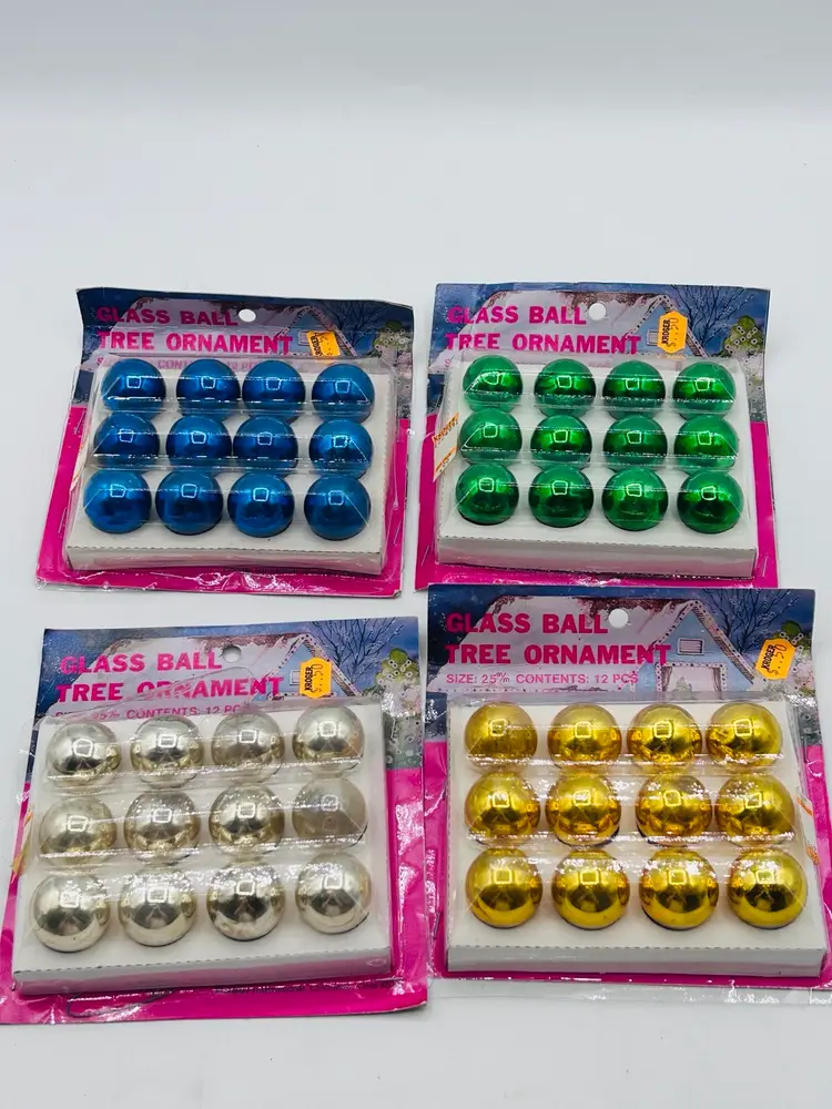 Vintage Mini 12 Pk In Gold, Silver, Green, Blue Glass Feather Tree Mini Christmas Ornaments Retro Mcm 1”