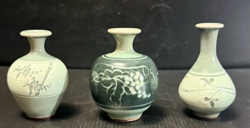 Set of 3 Vintage Miniature Celadon Green Vases