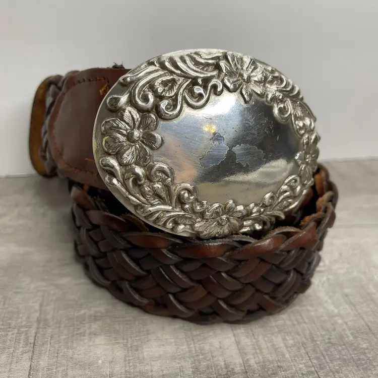 VTG ROC Brown Buffalo Leather Braided Western Belt Floral Silver Buckle L 1.5 in