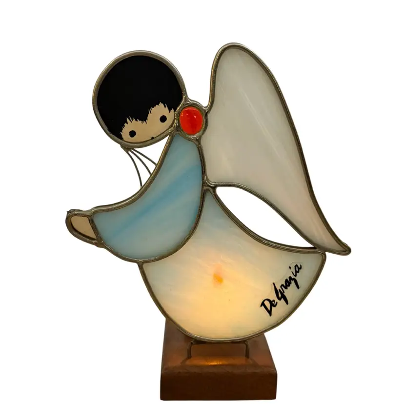 Vintage  Ted DeGrazia -Ken Toney Tea Light Holder Stained Glass Blue & White Angel Figurine W/Wood Base  1980 Signed
7.75” T x 6” L x 3.25” W