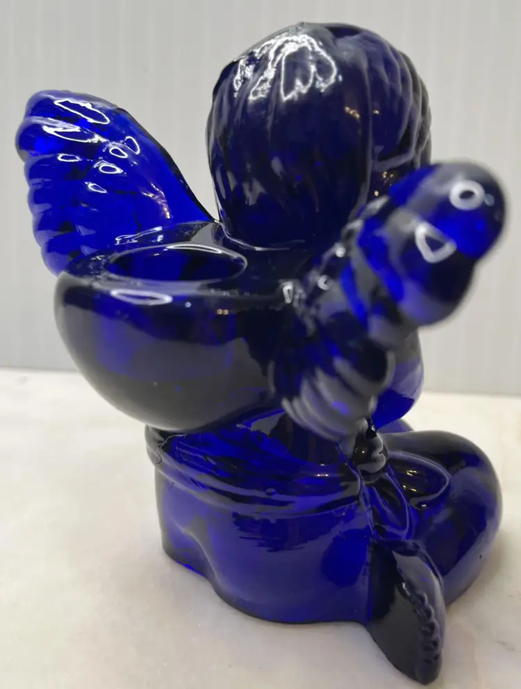 Vintage Cobalt Blue Glass Sitting Angel Cherub Taper Candle Holder