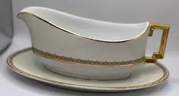 Antique Imperial Heinrich H & Co Regant Gold Trim Gravy Boat Attached Underplate