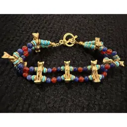 Vintage Museum Reproductions Egyptian Bastet Cat Multi Bead Bracelet 6.5 In