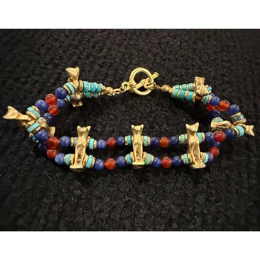 Vintage Museum Reproductions Egyptian Bastet Cat Multi Bead Bracelet 6.5 In