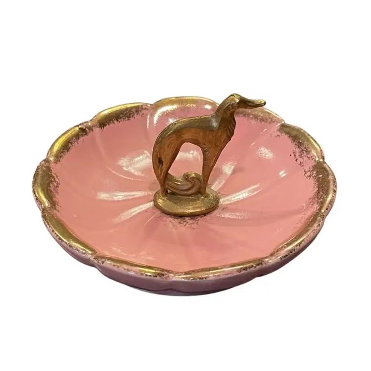 Trinket Jewelry Dish Bowl Art Deco Pink Gold Puppy Hound Dog Ceramic Pottery