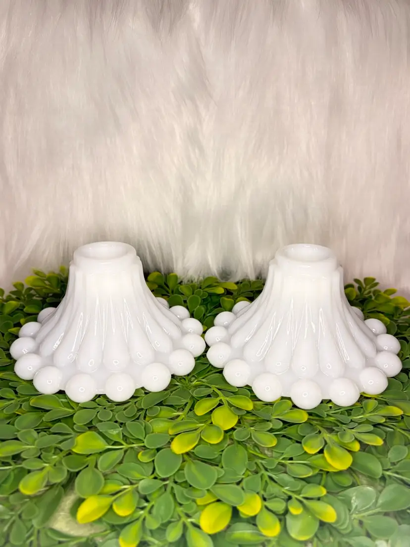 Pair Of Vintage Anchor Hocking Boopie Milk Glass Candle Holders