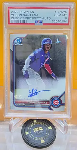 Yeison Santana 2022 Bowman Chrome 1st Auto PSA Graded Gem Mint 10 Chicago Cubs