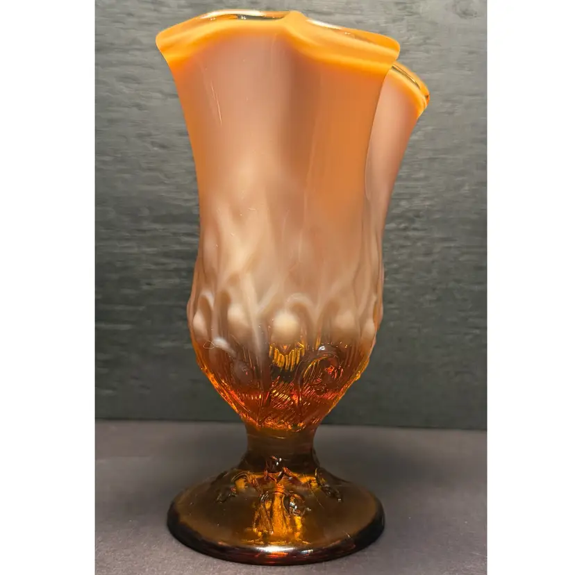 Authentic Fenton Amber Cameo Opalescent Lily of the Valley Handkerchief Vase, 6" Signed Swung Art Glass, Butterscotch Caramel Decor