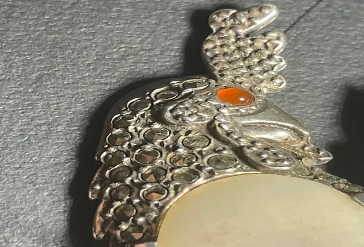 French Marcasite Mother of Pearl Jelly Belly Rooster Brooch By Rousselet