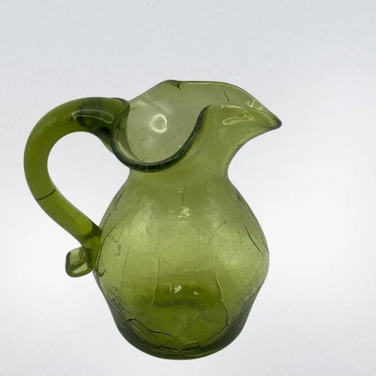 #01 Vintage Hand Blown Crackle Glass Pitcher By Blenko, 5-1/2” Tall x 4.5” Wide