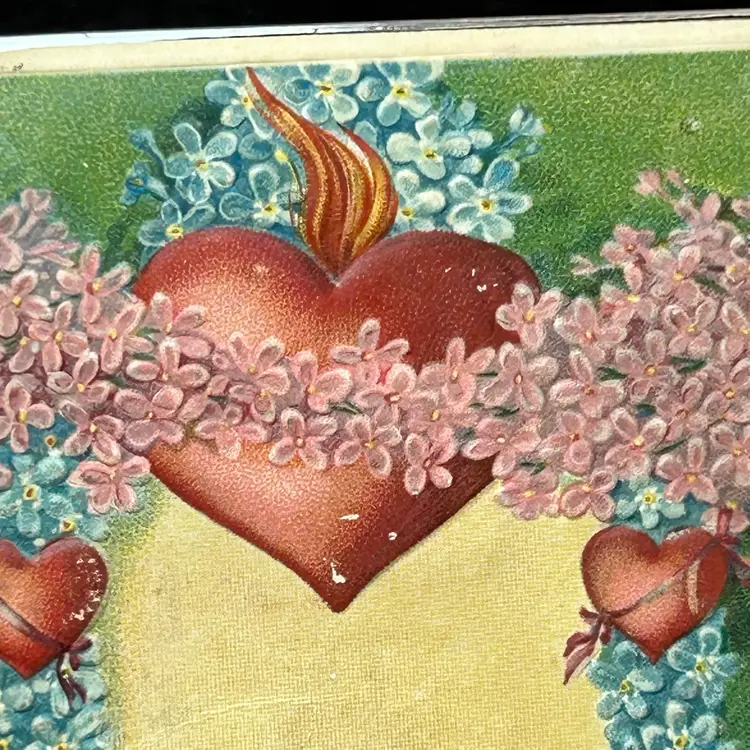 Antique Valentine’s Post Card-Flaming Heart And Flowers