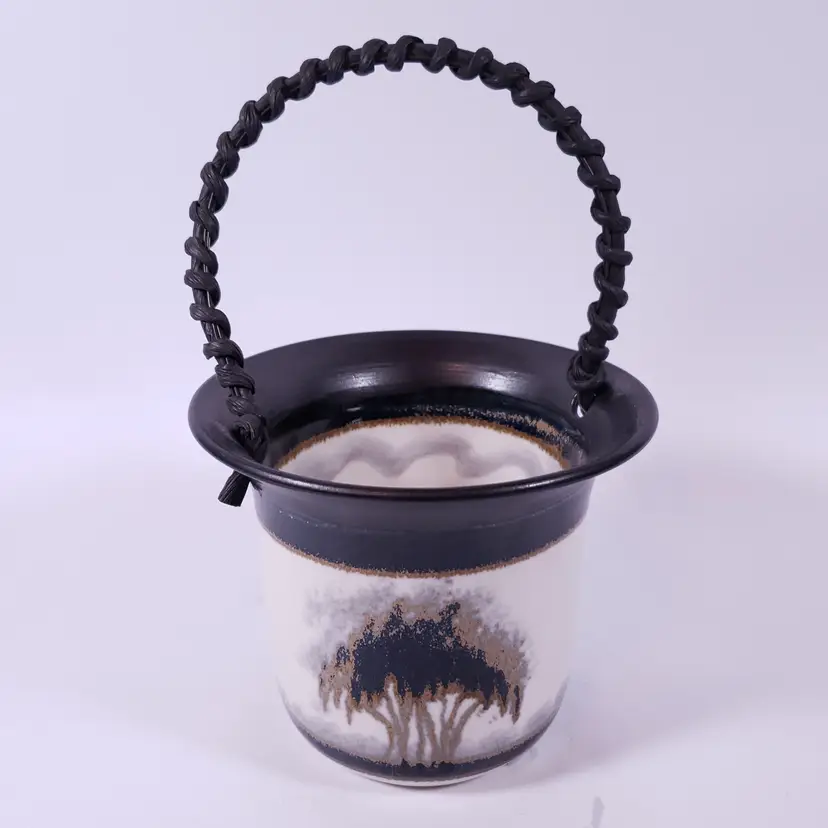 Vintage Signed NANCY BISHOP Tree Landscape Silhouette POTTERY POT BASKET