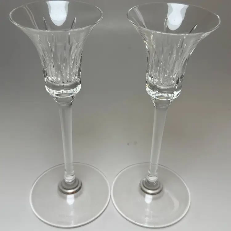 Wedgwood Vera Wang 7" Candlesticks Duchesse Clear Cut Crystal Signed Set 2
