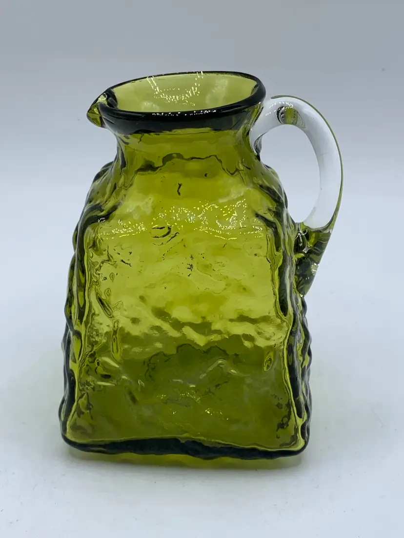 Pilgrim Brand Hand-blown Avocado Green Crackle Glass Pitcher, Vintage MCM