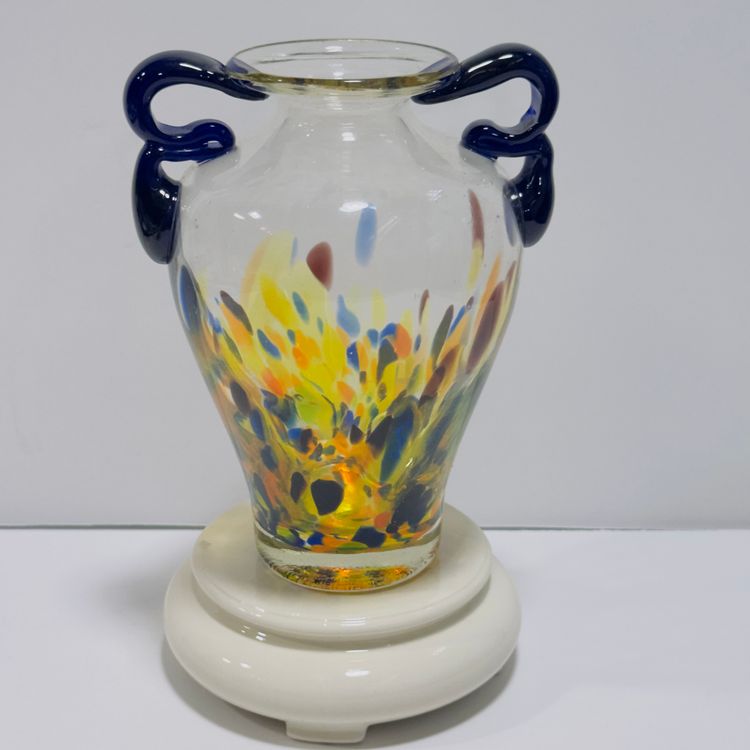 #1308 Confetti Glass Vase, Double Cobalt Blue Applied Glass Handles, 6.75x5.25, 1.8lbs,