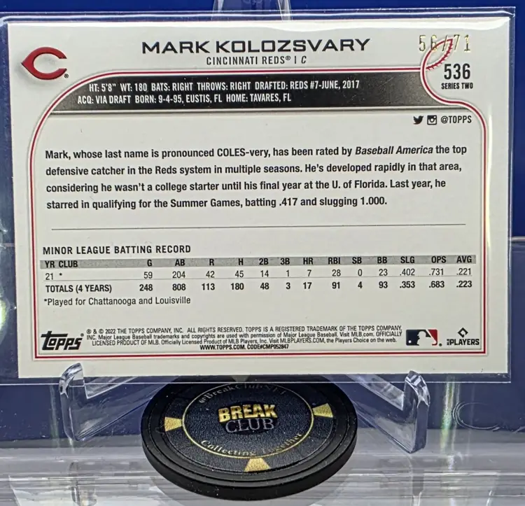 Mark Kolozsvary 2022 Topps Series 2 Black Parallel Rookie 56/71 RC #536 Cincinnati Reds