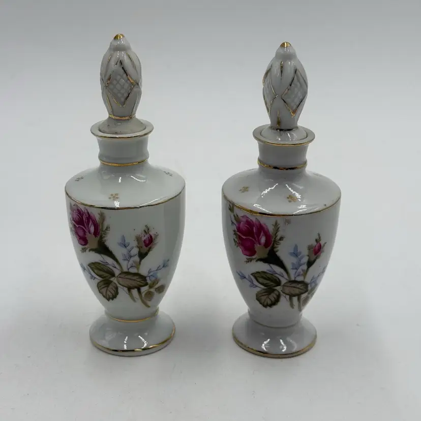 Moss Rose Floral Two Vintage Porcelain Vanity Perfume Bottles With Stoppers.