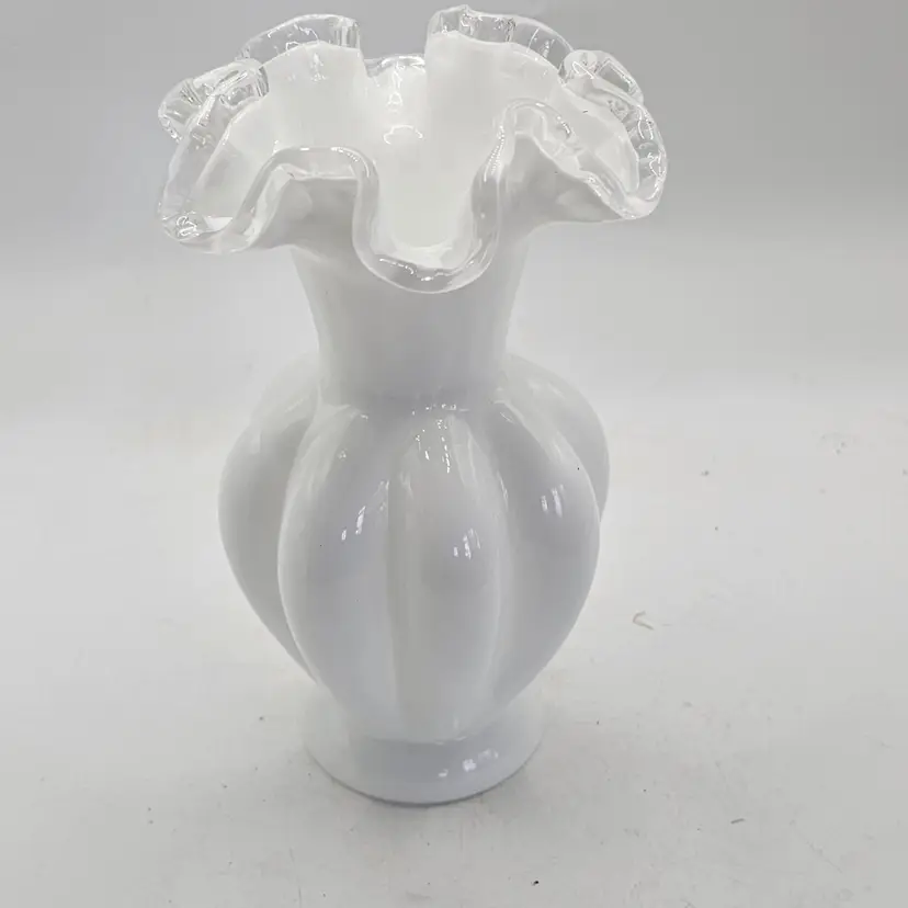 Fenton silver crest Vase white Milk Glass Ruffled edge vintage 6"