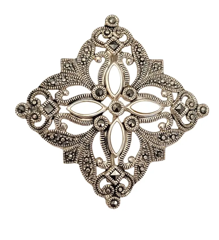 Sterling Silver Art Deco Style Marcasite Mother Of Pearl Cab Cross Brooch K234