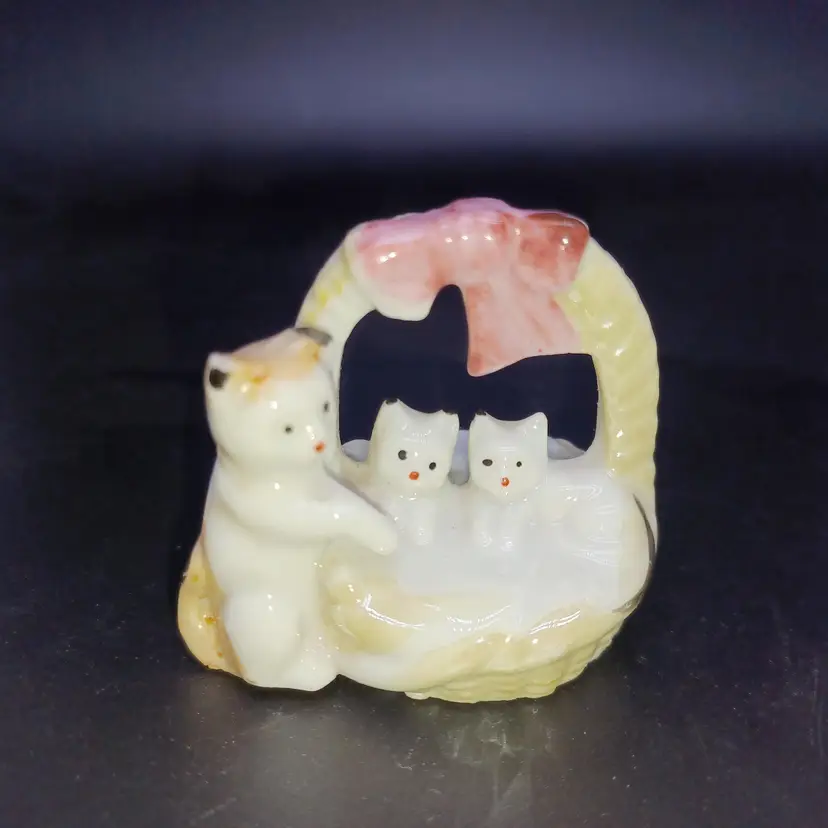 Vintage Brinton Bone China Tan Cat with Kittens in Basket 1930s