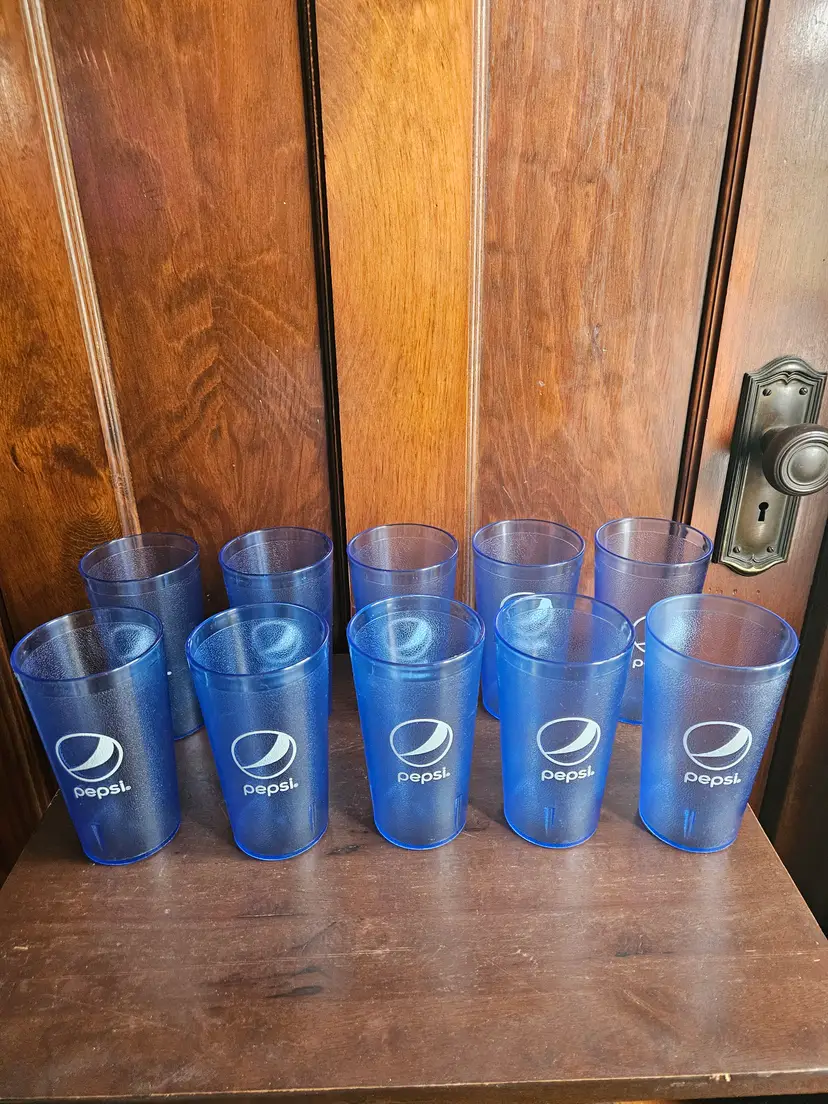 Vintage Pepsi Plastic Tumblers Impact Made in USA Clear Blue 20oz Cups Set Of 10