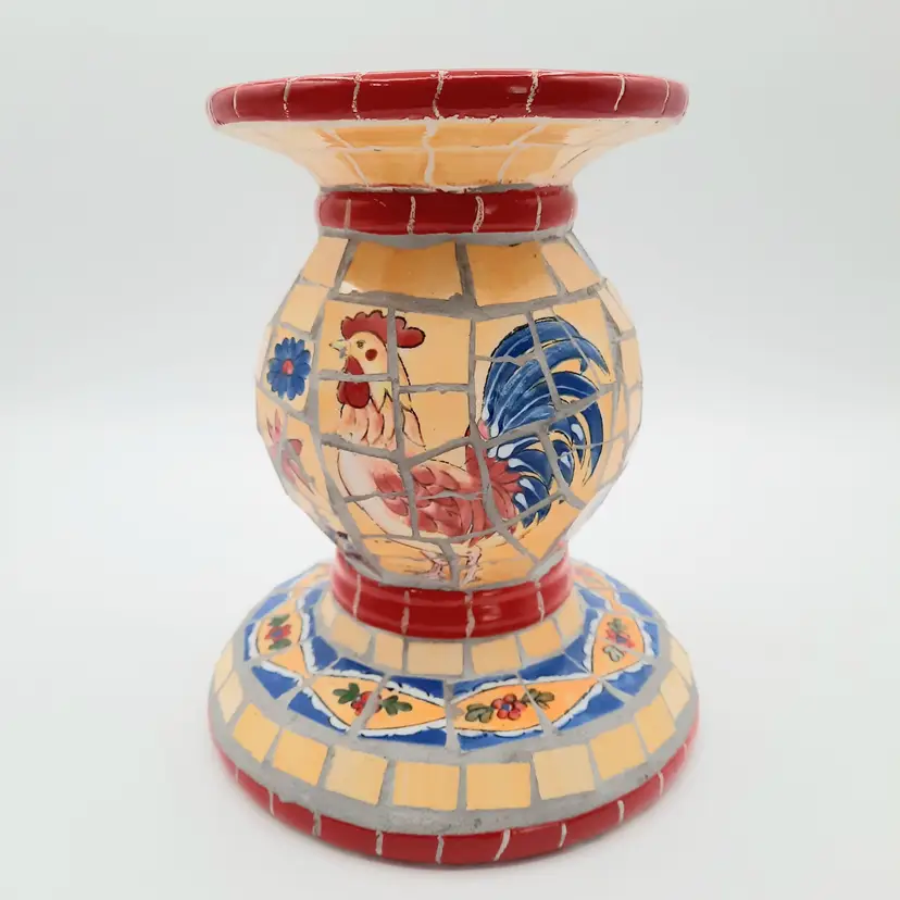 Rooster Floral Mosaic Pedestal Pillar Candle Holder Yellow Blue Red