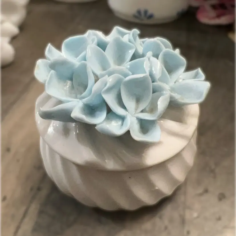 Vintage Porcelain Trinket Jar With Light Blue Delicate Flowers. 3” Across.  Likely Made In Japan?