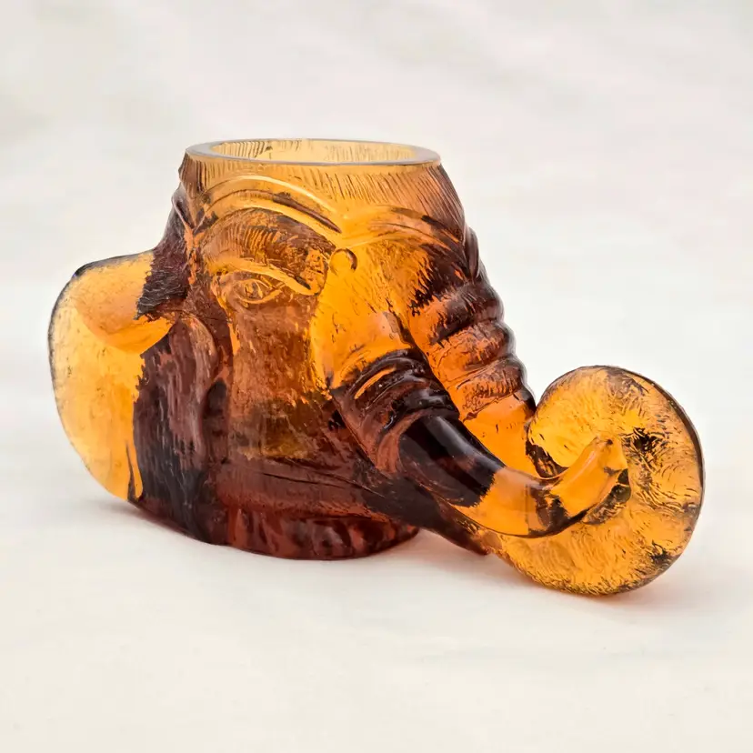 Glass Elephant Degenhart Toothpick Match Holder Amber Gold MCM Retro Barware Vintage